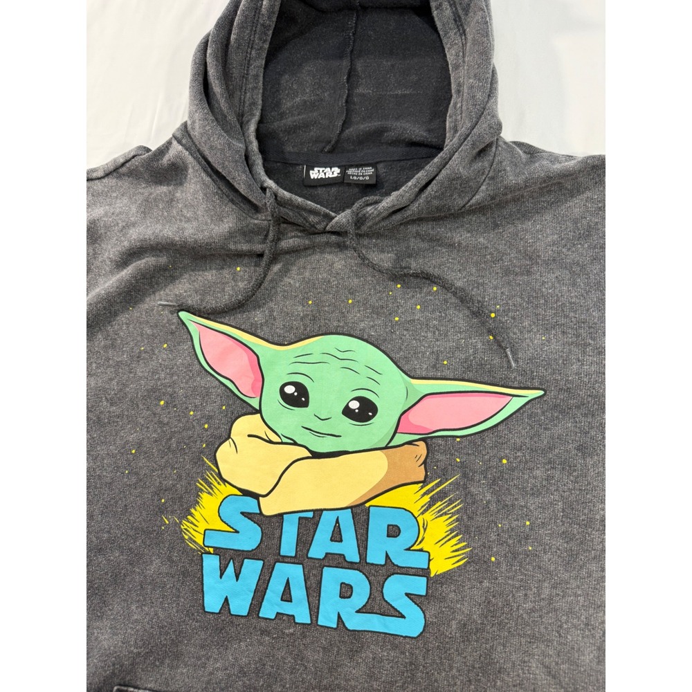 Star Wars Grogu Baby Yoda Hoodie Mens Large Charcoal Grey Mineral Wash Pullover